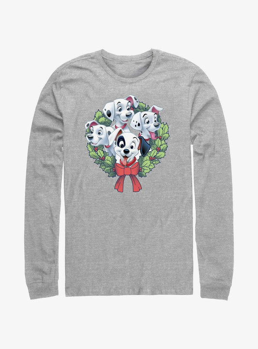 Disney 101 Dalmatians Puppy Christmas Wreath LongSleeve TShirt T-Shirt | Fan Favorite Artwork | Trending Festive Apparel
