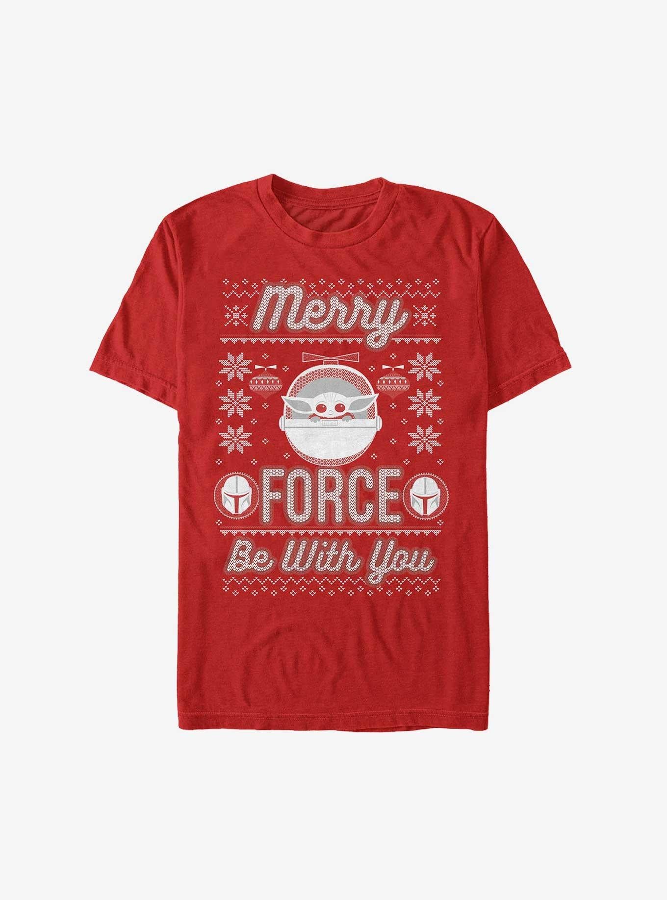 Star Wars The Mandalorian Grogu Merry Force Be With You Ugly Christmas Extra Soft TShirt T-Shirt | Fan Favorite Artwork | Trending Festive Apparel
