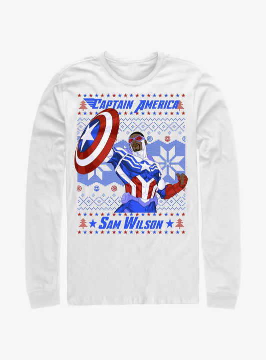 Marvel Captain America Sam Wilson Ugly Christmas LongSleeve TShirt T-Shirt | Holiday Edition | Perfect Holiday Gift