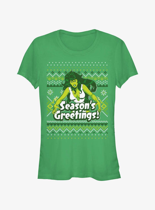Marvel Hulk SheHulk Seasons Greetings Ugly Christmas Girls TShirt T-Shirt | Holiday Edition | Trending Festive Apparel