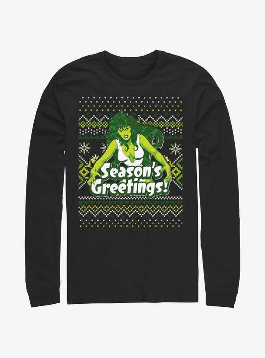 Marvel Hulk SheHulk Seasons Greetings Ugly Christmas LongSleeve TShirt T-Shirt | Cute Festive Style | Top Pick For Gifting