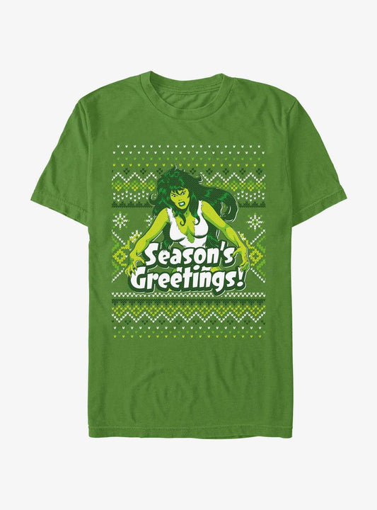 Marvel Hulk She-hulk Season's Greetings Ugly Christmas T-shirt | Trendy Graphic Tee | Casual Unisex T-shirt