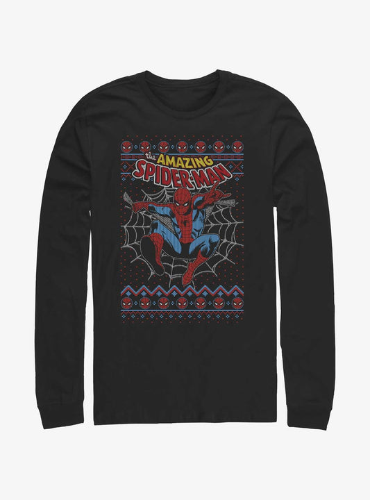 Marvel Spider-man Web Jump Ugly Christmas Long-sleeve T-shirt | Trendy Graphic Tee | Casual Unisex T-shirt