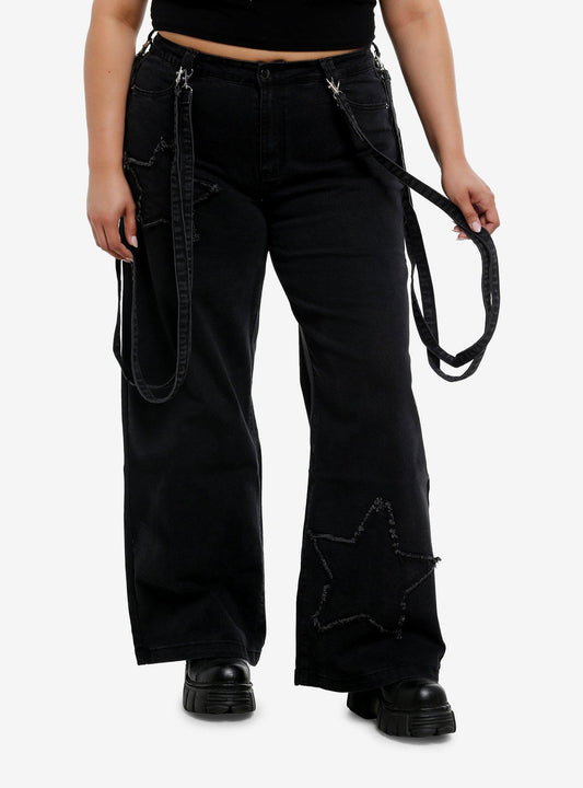 Black Star Patch Suspender Girls Wide Leg Jeans Plus Size