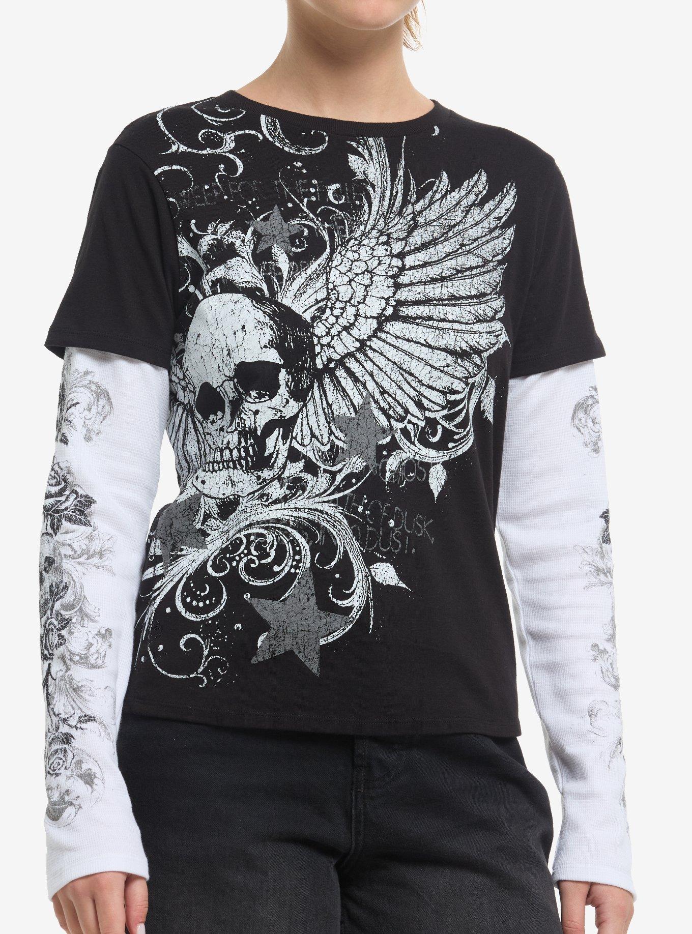 Black & White Winged Skull & Filigree Girls Twofer Long-Sleeve T-Shirt