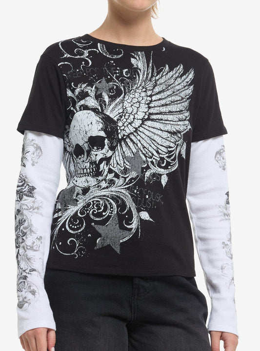 Black & White Winged Skull & Filigree Girls Twofer Long-Sleeve T-Shirt