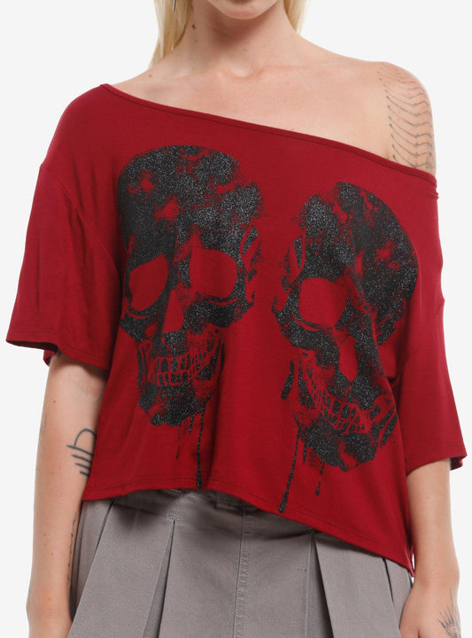 Maroon Black Glitter Skull OffShoulder Girls TShirt Graphic Tee | Graphic Tee | Unisex Shirt | Top Trending Fashion