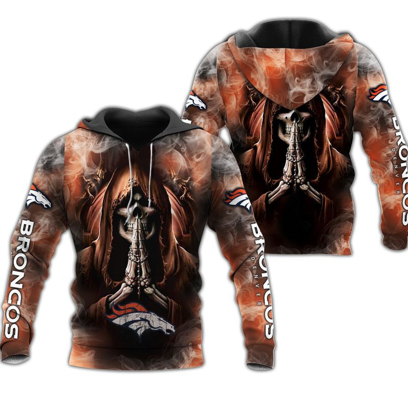 3D Nfl Printed Denver Broncos Skull Hoodies Blackground Smoke