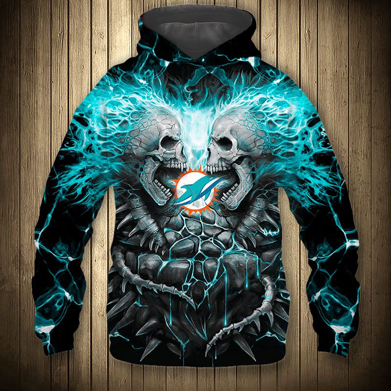 3D Nfl Printed Electric Miami Dolphins Skull Halloween Hoodie