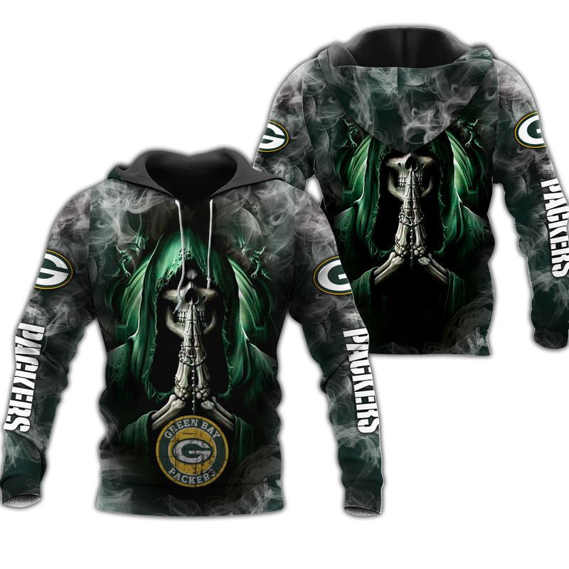 3D Nfl Printed Green Bay Packers Skull Hoodies Background Smoke