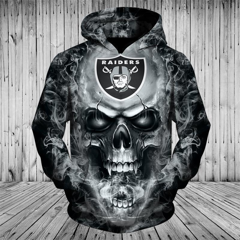 3D Nfl Printed Nfl Hoodies Skull Oakland Raiders Hoodie Sweatshirt Zip Up Pullover