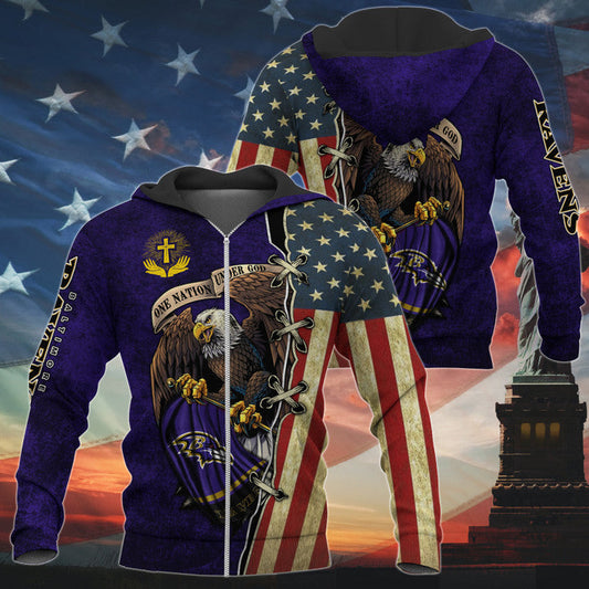 3D Nfl Printed One Nation Under God Baltimore Ravens Hoodie Full Zip Hoodies