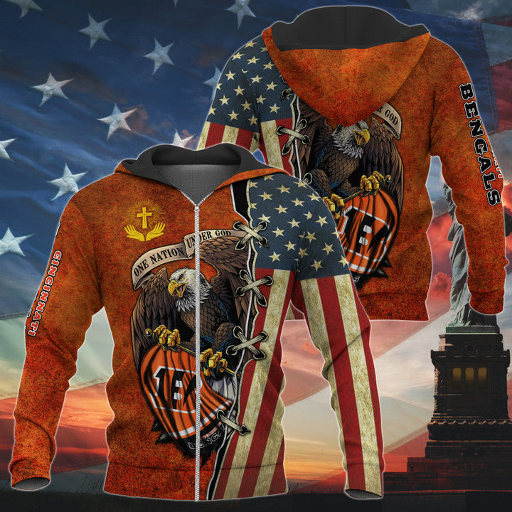 3D Nfl Printed One Nation Under God Cincinnati Bengals Hoodie Full Zip Hoodies
