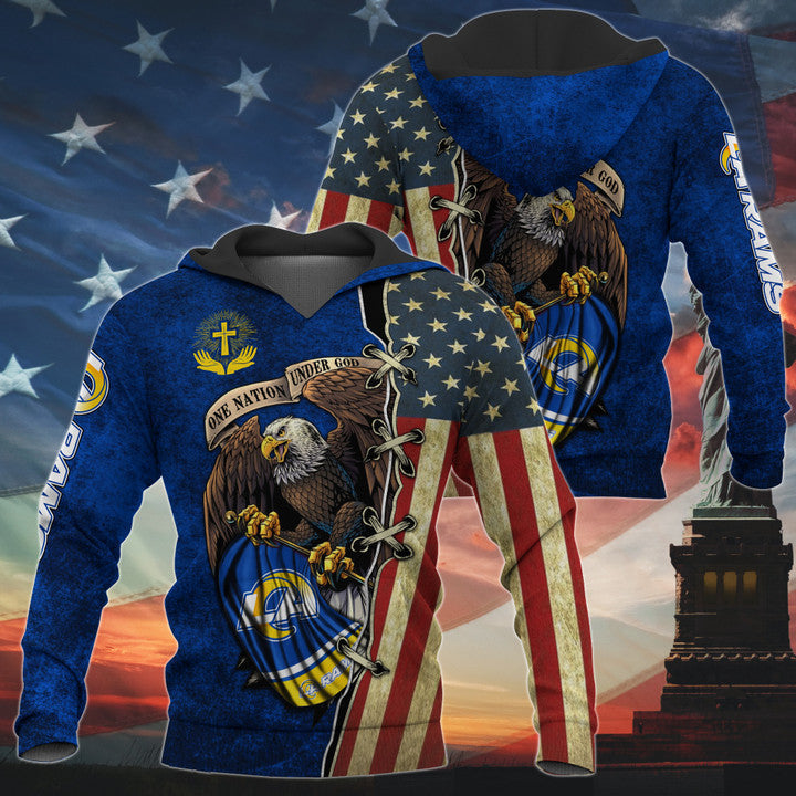 3D Nfl Printed One Nation Under God Los Angeles Rams Hoodie Full Zip Hoodies