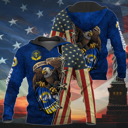 3D Nfl Printed One Nation Under God Los Angeles Rams Hoodie Full Zip Hoodies