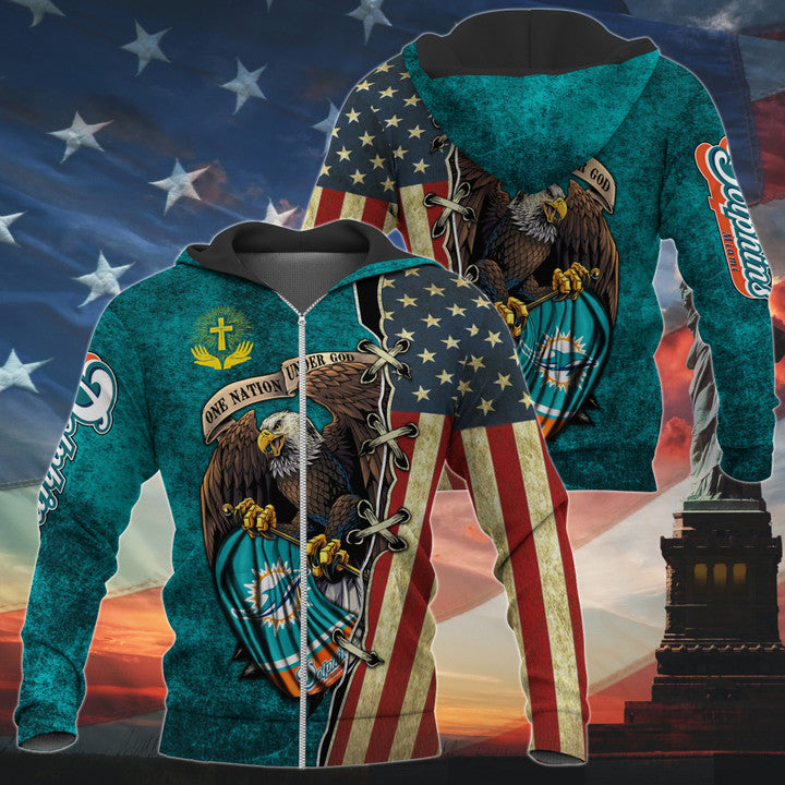3D Nfl Printed One Nation Under God Miami Dolphins Hoodie Full Zip Hoodies