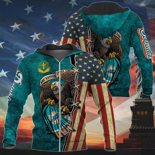 3D Nfl Printed One Nation Under God Miami Dolphins Hoodie Full Zip Hoodies