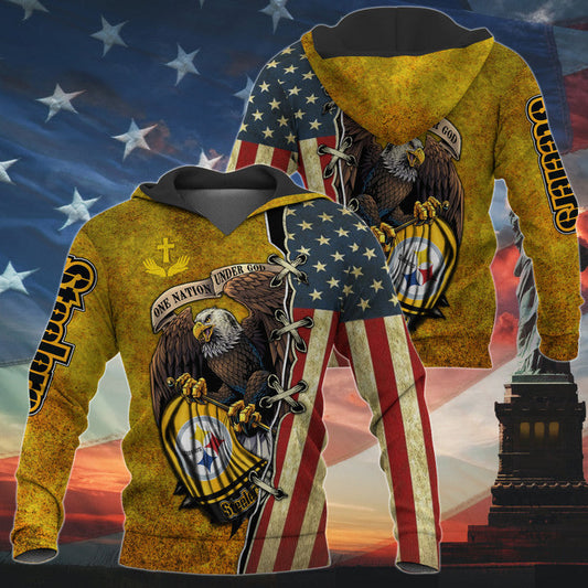 3D Nfl Printed One Nation Under God Pittsburgh Steelers Hoodie Full Zip Hoodies