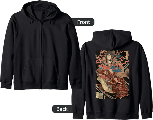 Japanese Retro Artwork Samurai Riding Giant Toad Vintage Art Zip Hoodie
