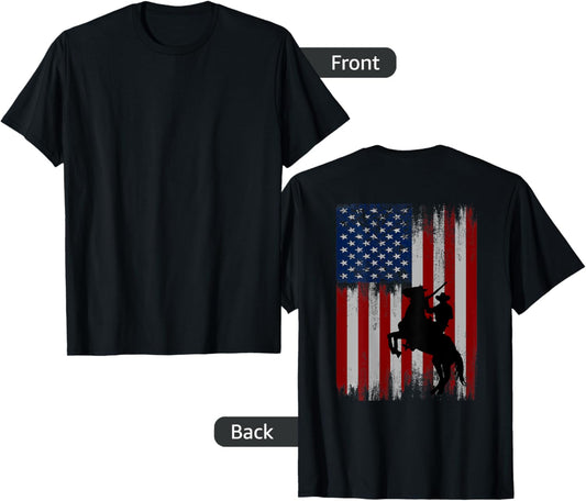Print On Back Vintage Usa American Flag Cowboy Rodeo