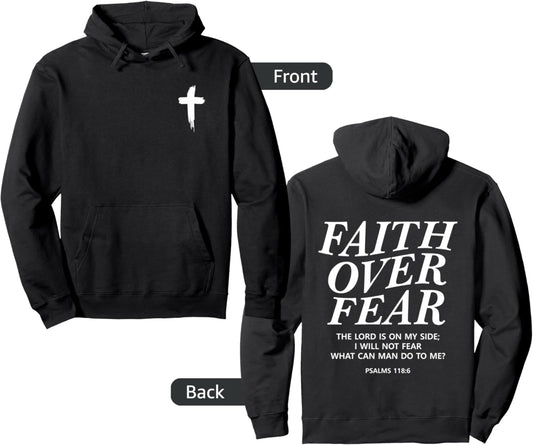 Faith Over Fear Bible Verse Christian Front and Back Print Pullover Hoodie