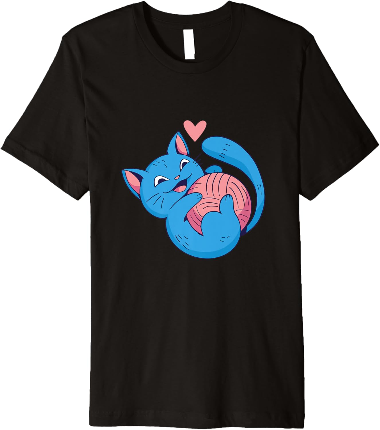 Blue Cat Cuddling With Yarn Heart Knitting Premium