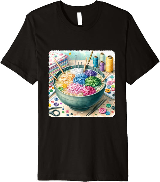 Ramen Bowl With Noodle Yarn, Needle, Button Toppings. Yarn Premium