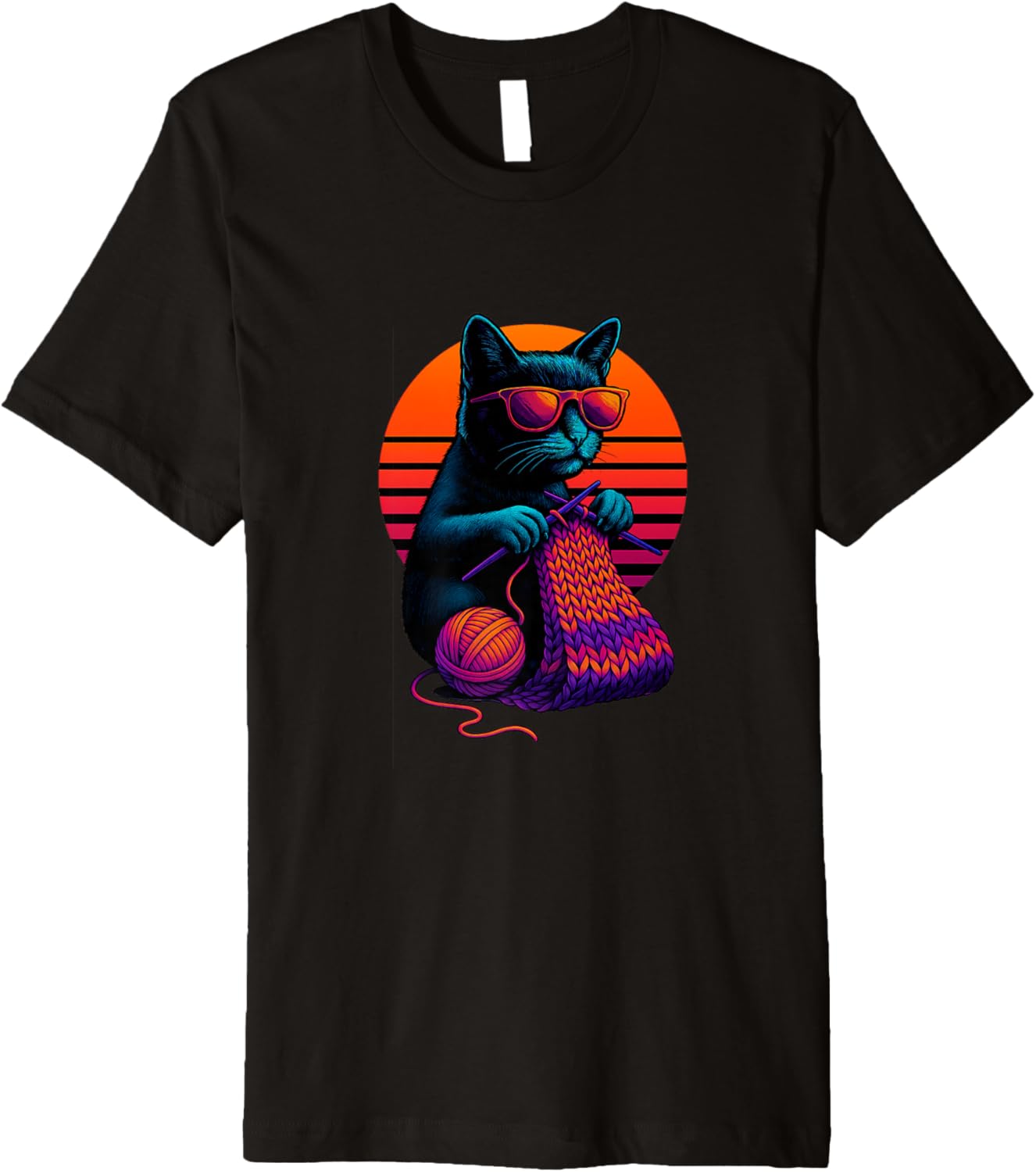 Retro Cat With Yarn Needles Knitting Knitter Premium