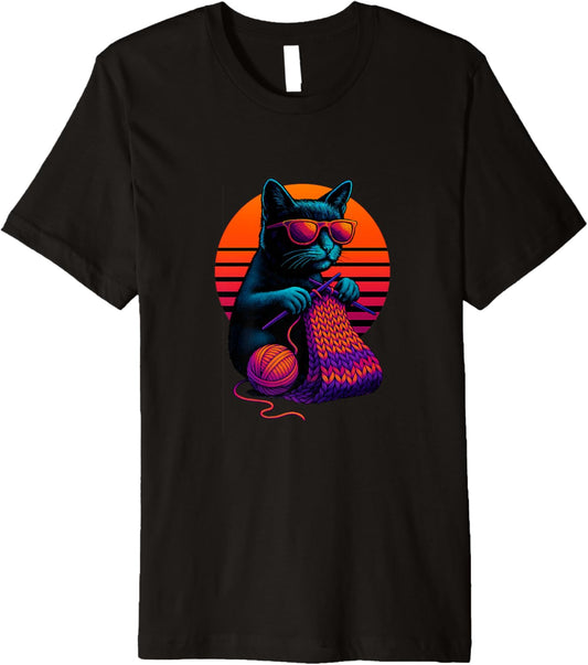 Retro Cat With Yarn Needles Knitting Knitter Premium