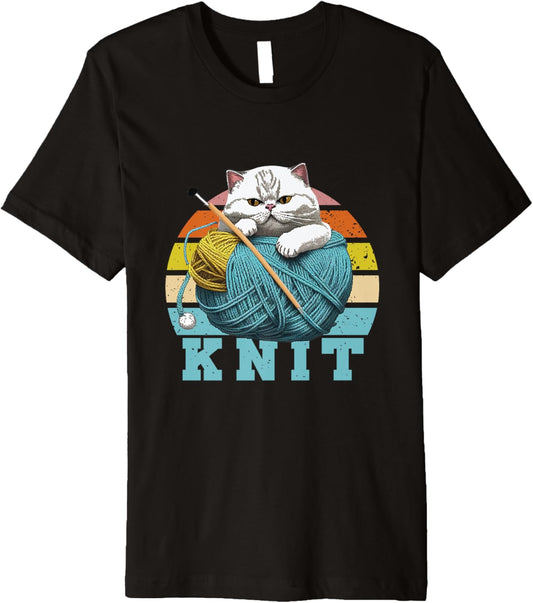 Knit | Retro Cat With Skein Of Yarn Wool | Knitter Crocheter Premium