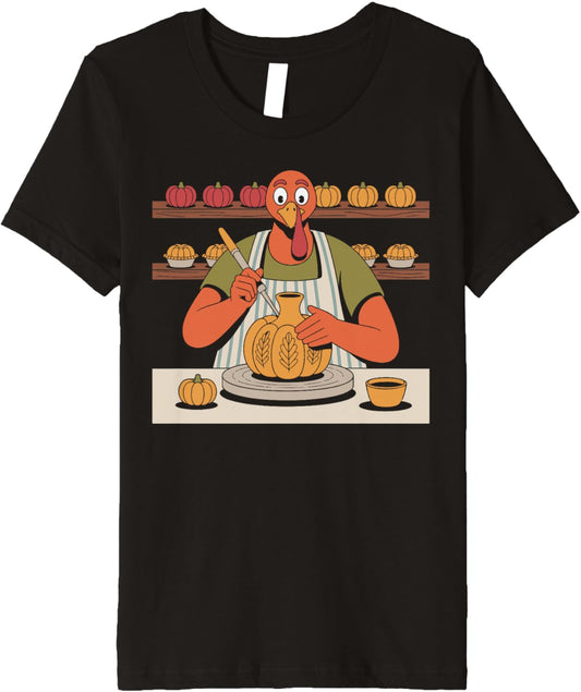 Funny Thanksgiving Turkey Pottery Maker with Autumn Pumpkins Premium