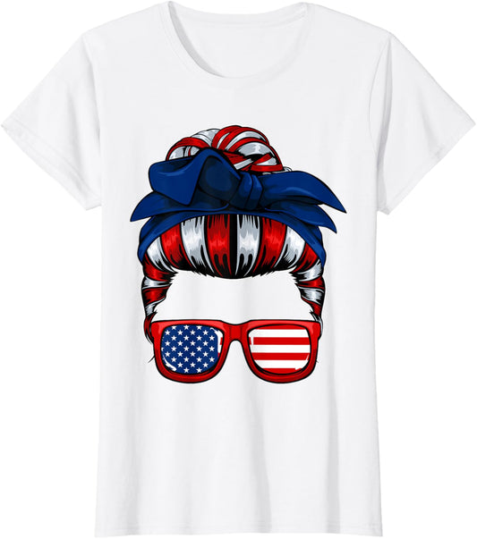 Messy Bun American Flag 4Th Of July Patriotic Mom