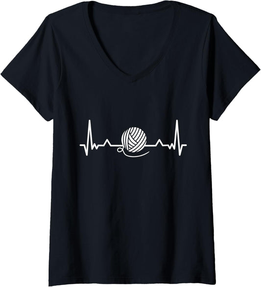 Womens Knitting Heartbeat Wool Yarn Crocheting Gift V-Neck