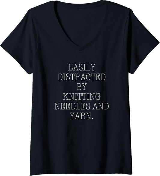 Womens Knitting Easily Distracted By Knitting Needles And Yarn V-Neck