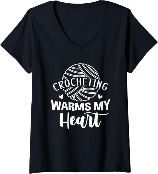 Womens Crocheting Warms My Heart Cute Yarn Graphic Funny Crochet V-Neck