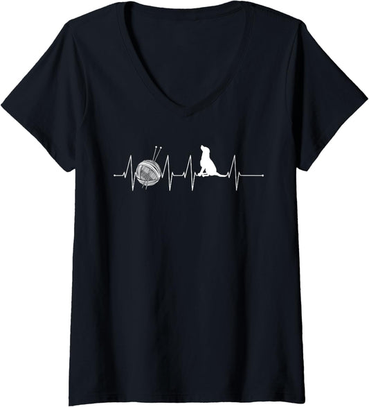 Womens Crochet Crocheting Yarn Knitting Heartbeat V-Neck