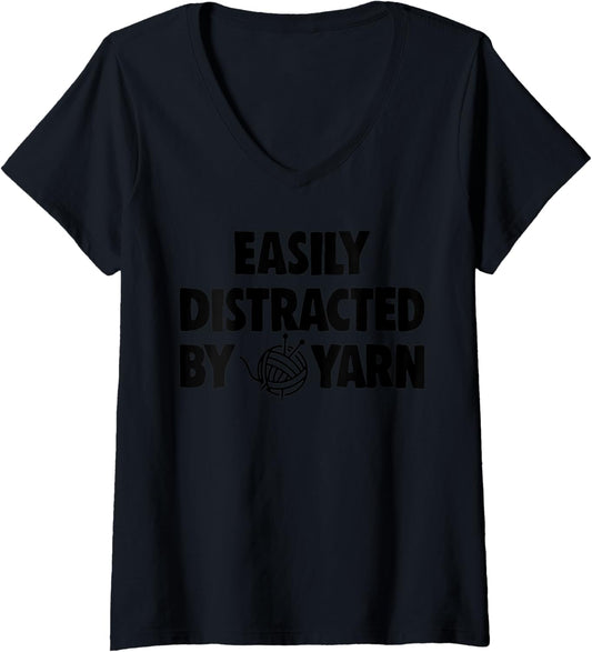 Womens Easily Distracted By Yarn TShirts Women Crochet Lovers Gifts V-Neck