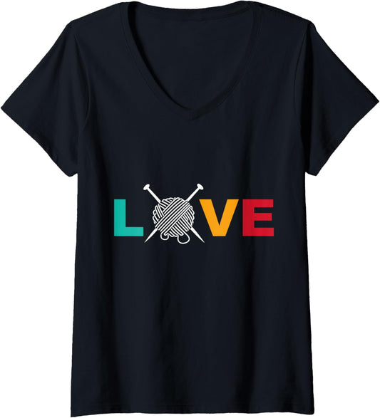 Womens Knitting & Crochet T-Shirt Love Yarn with Needles Crafting V-Neck