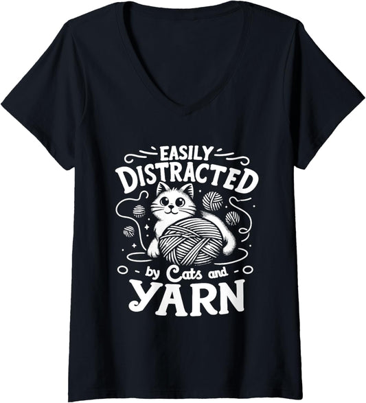 Easily Distracted By Cats And Yarn Knitting Yarn Crochet V-Neck