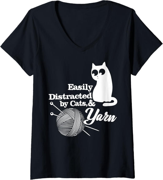 Womens Easily Distracted Cats and Yarn Crochet V-Neck