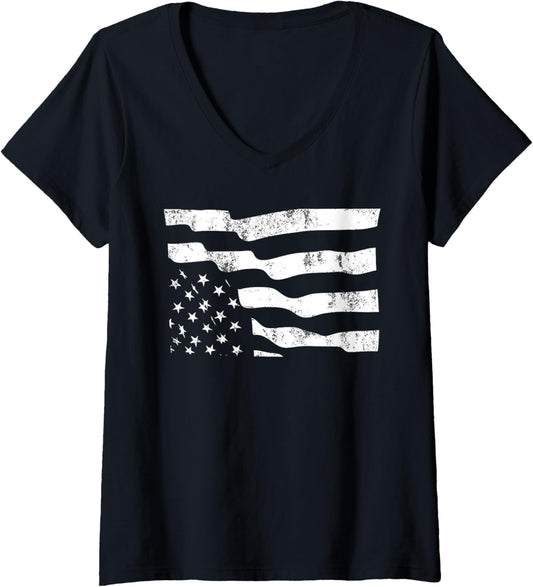 Womens Upside Down American Flag Sos Distress V Neck