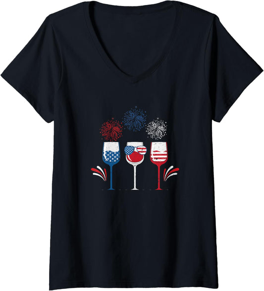 Womens Red White Blue Wine Glasses American Flag Happy 4Th Of July V Neck