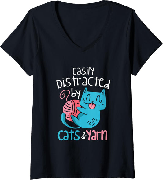 Womens Knitting Cat And Yarn Feline Knitter Crocheter V-Neck