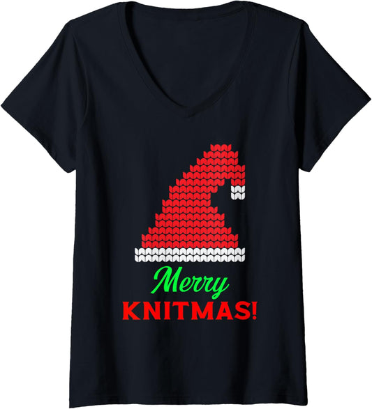 Knitting Christmas Wool Yarn Knitter Merry Knitmas V-Neck