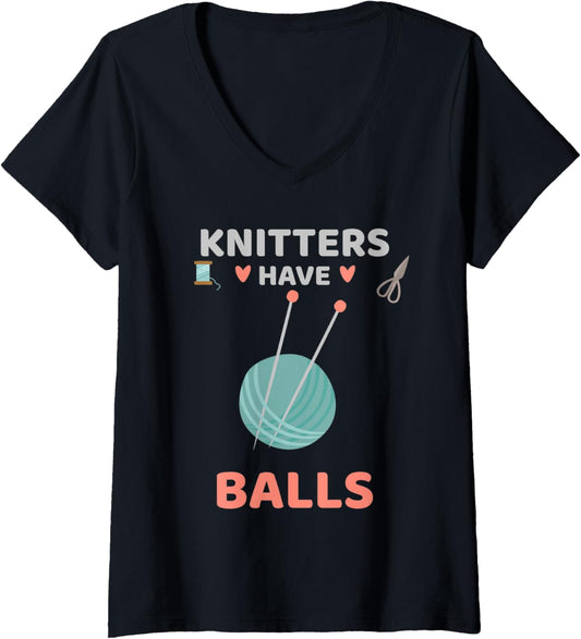 Womens Knitters Have Balls Funny Knitting Lover Yarn V-Neck