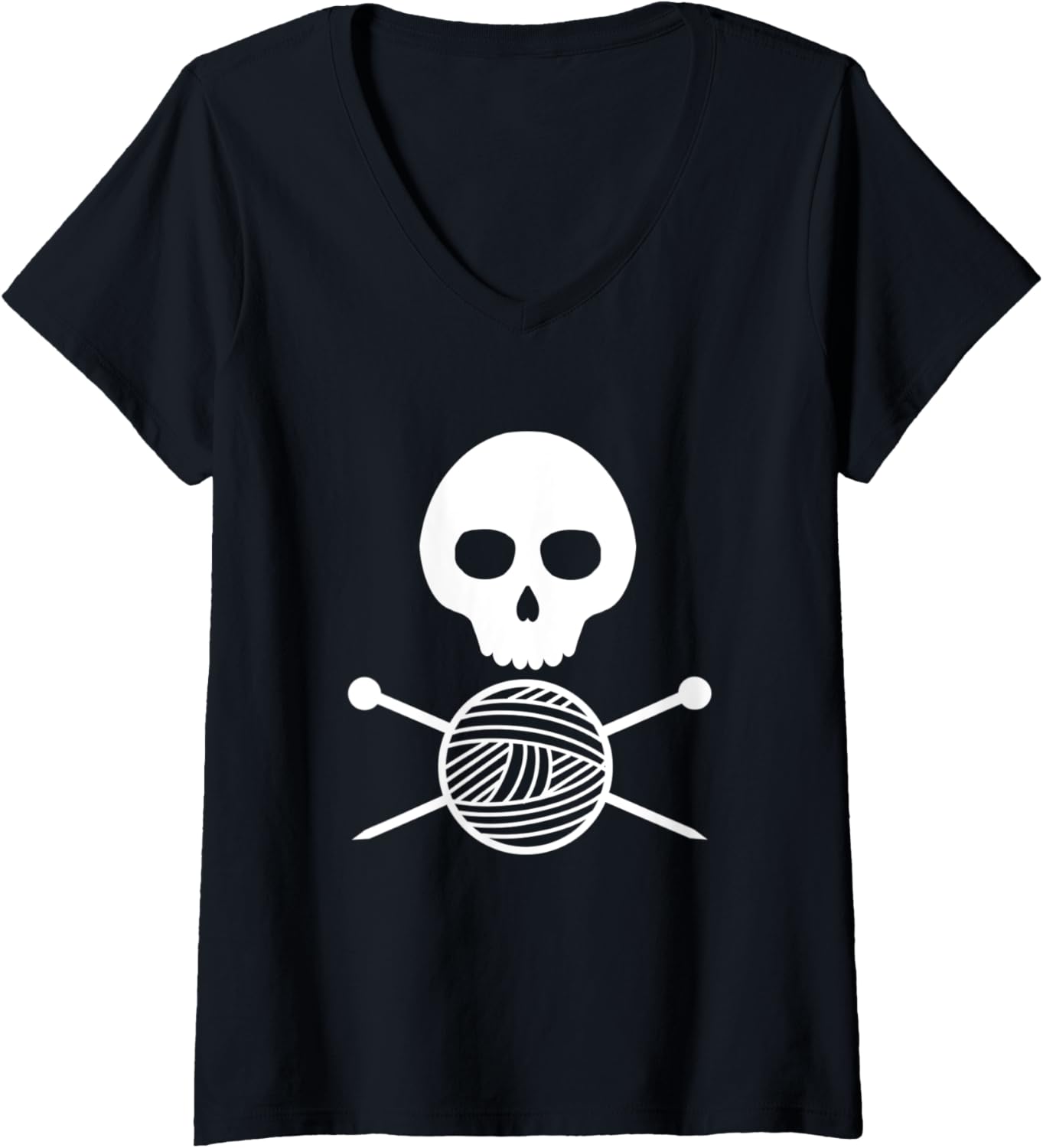 Womens Skull Knitting Needles Crossbones Yarn ball Crafter V-Neck