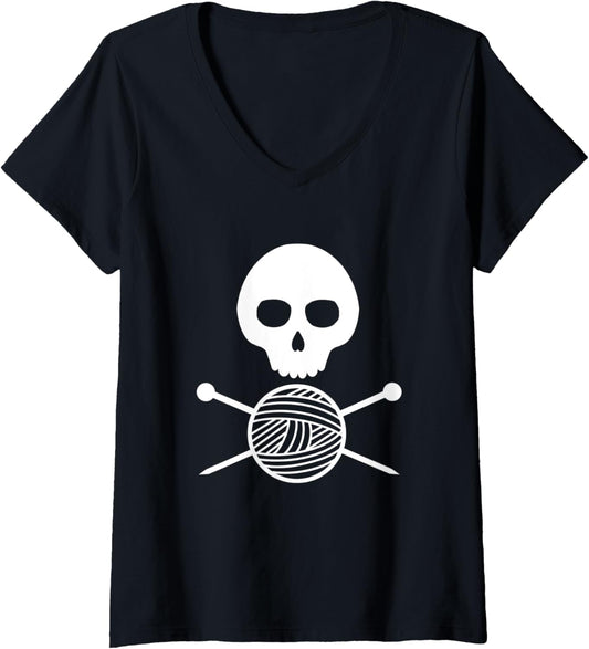 Womens Skull Knitting Needles Crossbones Yarn ball Crafter V-Neck