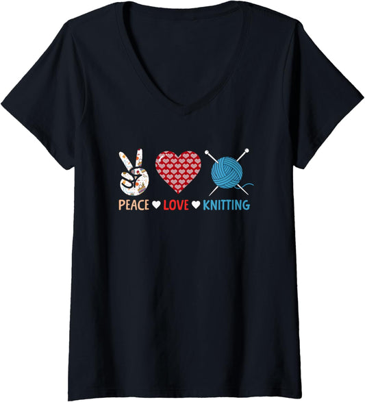 Womens Peace Love Knitting Yarn Needle Craft V-Neck