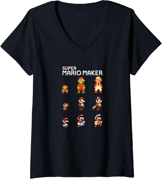 Womens Super Mario Maker Mario Evolution 8-Bit Pixel Icons V-Neck