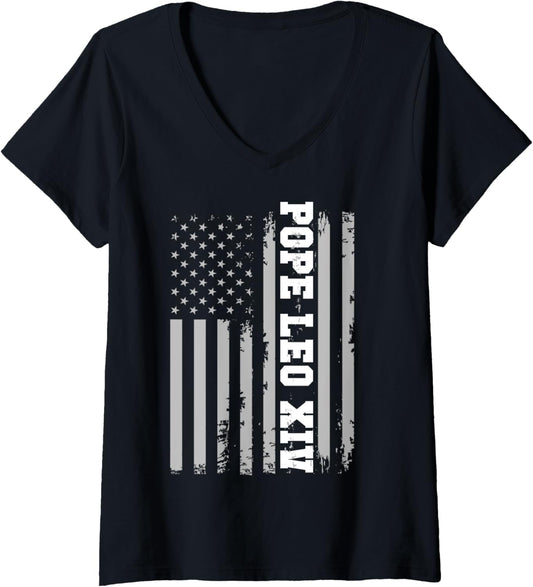 Womens Pope Leo Xiv 14Th First American Pope Usa Flag Vintage V Neck